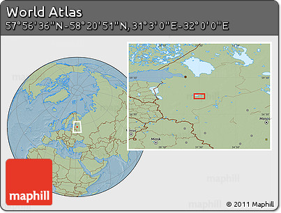 Savanna Style Location Map of the Area around 58° 8' 44" N, 31° 31' 29" E, hill shading