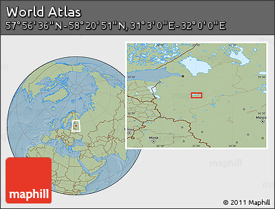 Savanna Style Location Map of the Area around 58° 8' 44" N, 31° 31' 29" E, hill shading