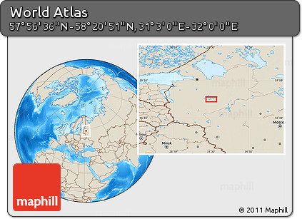 Shaded Relief Location Map of the Area around 58° 8' 44" N, 31° 31' 29" E