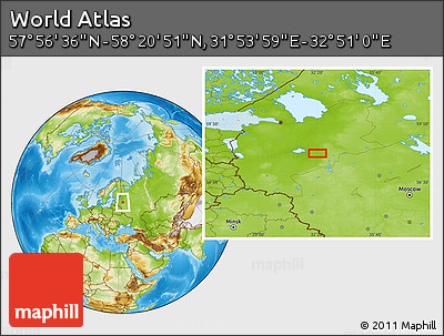 Physical Location Map of the Area around 58° 8' 44" N, 32° 22' 30" E