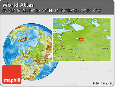 Physical Location Map of the Area around 58° 8' 44" N, 32° 22' 30" E
