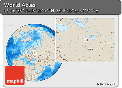 Shaded Relief Location Map of the Area around 58° 8' 44" N, 36° 37' 30" E