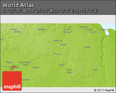 Physical 3D Map of the Area around 58° 8' 44" N, 37° 28' 30" E