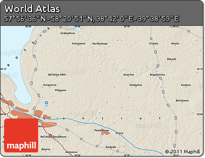 Shaded Relief Map of the Area around 58° 8' 44" N, 39° 10' 29" E