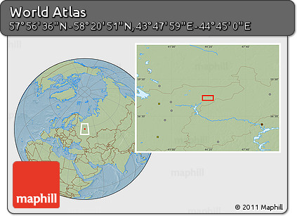 Savanna Style Location Map of the Area around 58° 8' 44" N, 44° 16' 29" E, hill shading