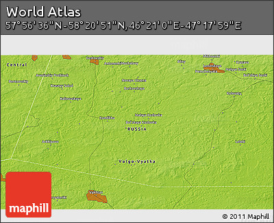 Physical 3D Map of the Area around 58° 8' 44" N, 46° 49' 30" E