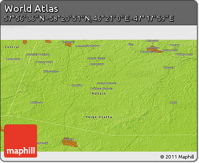 Physical 3D Map of the Area around 58° 8' 44" N, 46° 49' 30" E
