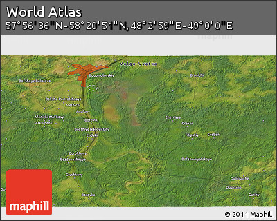 Satellite 3D Map of the Area around 58° 8' 44" N, 48° 31' 29" E