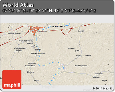 Shaded Relief 3D Map of the Area around 58° 8' 44" N, 48° 31' 29" E