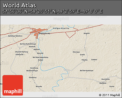 Shaded Relief 3D Map of the Area around 58° 8' 44" N, 48° 31' 29" E
