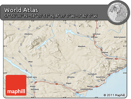 Shaded Relief Map of the Area around 58° 8' 44" N, 4° 10' 30" W