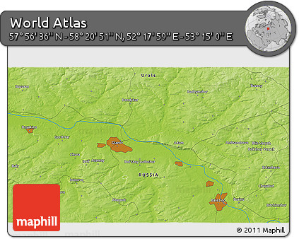Physical 3D Map of the Area around 58° 8' 44" N, 52° 46' 29" E