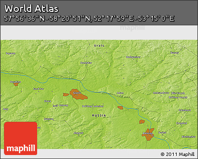Physical 3D Map of the Area around 58° 8' 44" N, 52° 46' 29" E