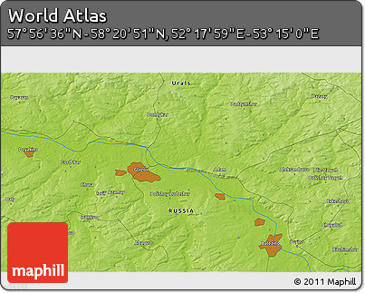 Physical 3D Map of the Area around 58° 8' 44" N, 52° 46' 29" E