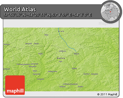 Physical 3D Map of the Area around 58° 8' 44" N, 53° 37' 30" E