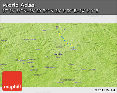 Physical 3D Map of the Area around 58° 8' 44" N, 53° 37' 30" E