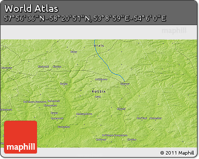 Physical 3D Map of the Area around 58° 8' 44" N, 53° 37' 30" E