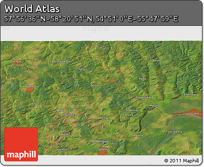 Satellite 3D Map of the Area around 58° 8' 44" N, 55° 19' 30" E