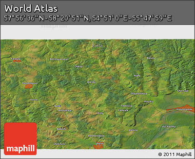 Satellite 3D Map of the Area around 58° 8' 44" N, 55° 19' 30" E