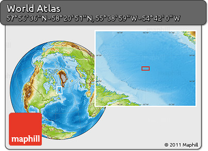 Physical Location Map of the Area around 58° 8' 44" N, 55° 10' 29" W