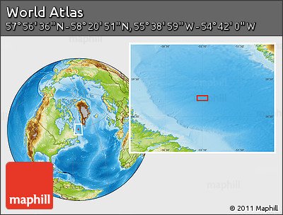 Physical Location Map of the Area around 58° 8' 44" N, 55° 10' 29" W