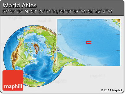 Physical Location Map of the Area around 58° 8' 44" N, 55° 10' 29" W