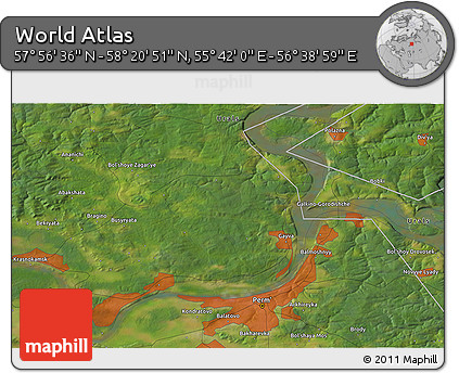 Satellite 3D Map of the Area around 58° 8' 44" N, 56° 10' 29" E
