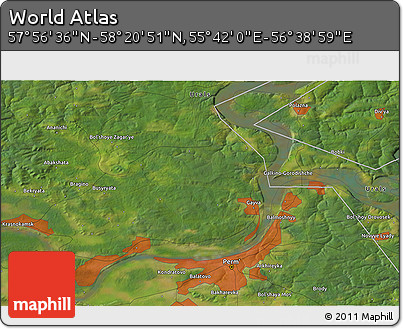 Satellite 3D Map of the Area around 58° 8' 44" N, 56° 10' 29" E