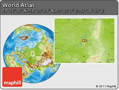 Physical Location Map of the Area around 58° 8' 44" N, 56° 10' 29" E