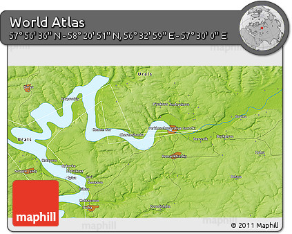 Physical 3D Map of the Area around 58° 8' 44" N, 57° 1' 29" E