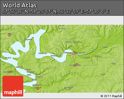 Physical 3D Map of the Area around 58° 8' 44" N, 57° 1' 29" E
