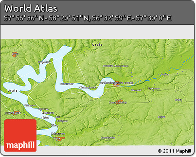 Physical 3D Map of the Area around 58° 8' 44" N, 57° 1' 29" E