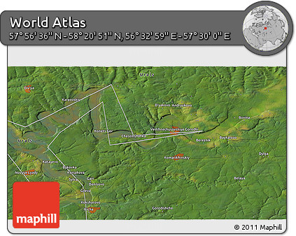 Satellite 3D Map of the Area around 58° 8' 44" N, 57° 1' 29" E