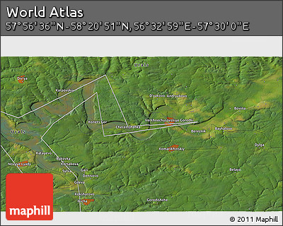Satellite 3D Map of the Area around 58° 8' 44" N, 57° 1' 29" E