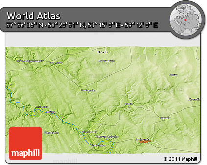 Physical 3D Map of the Area around 58° 8' 44" N, 58° 43' 30" E