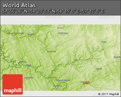 Physical 3D Map of the Area around 58° 8' 44" N, 58° 43' 30" E