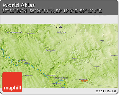 Physical 3D Map of the Area around 58° 8' 44" N, 58° 43' 30" E