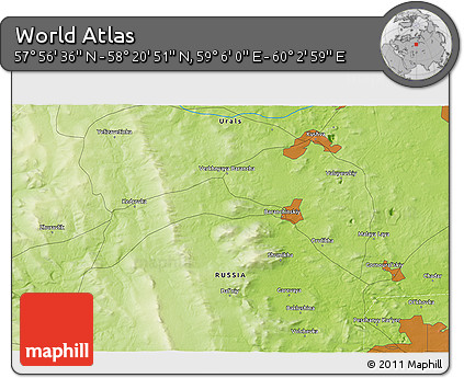 Physical 3D Map of the Area around 58° 8' 44" N, 59° 34' 30" E