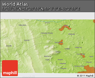 Physical 3D Map of the Area around 58° 8' 44" N, 59° 34' 30" E