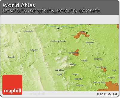 Physical 3D Map of the Area around 58° 8' 44" N, 59° 34' 30" E