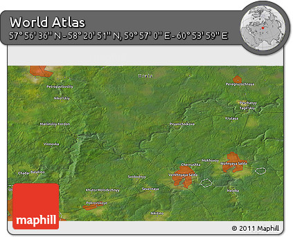 Satellite 3D Map of the Area around 58° 8' 44" N, 60° 25' 29" E