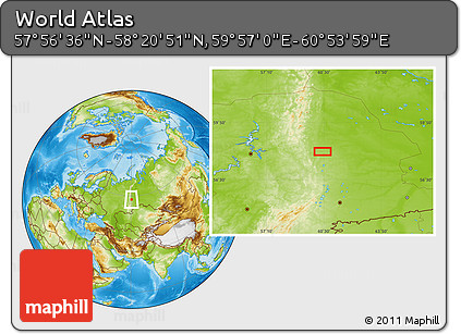 Physical Location Map of the Area around 58° 8' 44" N, 60° 25' 29" E