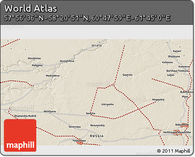 Shaded Relief 3D Map of the Area around 58° 8' 44" N, 61° 16' 29" E