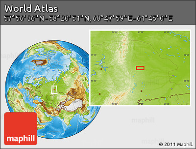 Physical Location Map of the Area around 58° 8' 44" N, 61° 16' 29" E