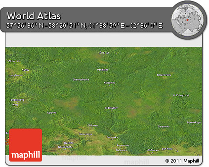 Satellite 3D Map of the Area around 58° 8' 44" N, 62° 7' 30" E