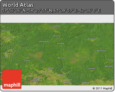 Satellite 3D Map of the Area around 58° 8' 44" N, 62° 7' 30" E
