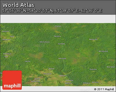 Satellite 3D Map of the Area around 58° 8' 44" N, 62° 7' 30" E