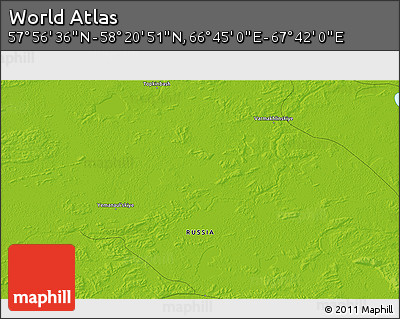 Physical 3D Map of the Area around 58° 8' 44" N, 67° 13' 29" E