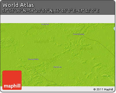 Physical 3D Map of the Area around 58° 8' 44" N, 67° 13' 29" E
