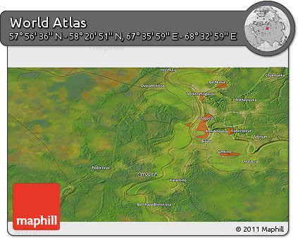 Satellite 3D Map of the Area around 58° 8' 44" N, 68° 4' 29" E